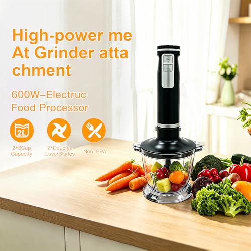 Image of Hand Mixer, 6-in-1 Multifunctional Electric Handheld Immersion Blender Bundle and Whisk, Milk Frother, Food Chopper