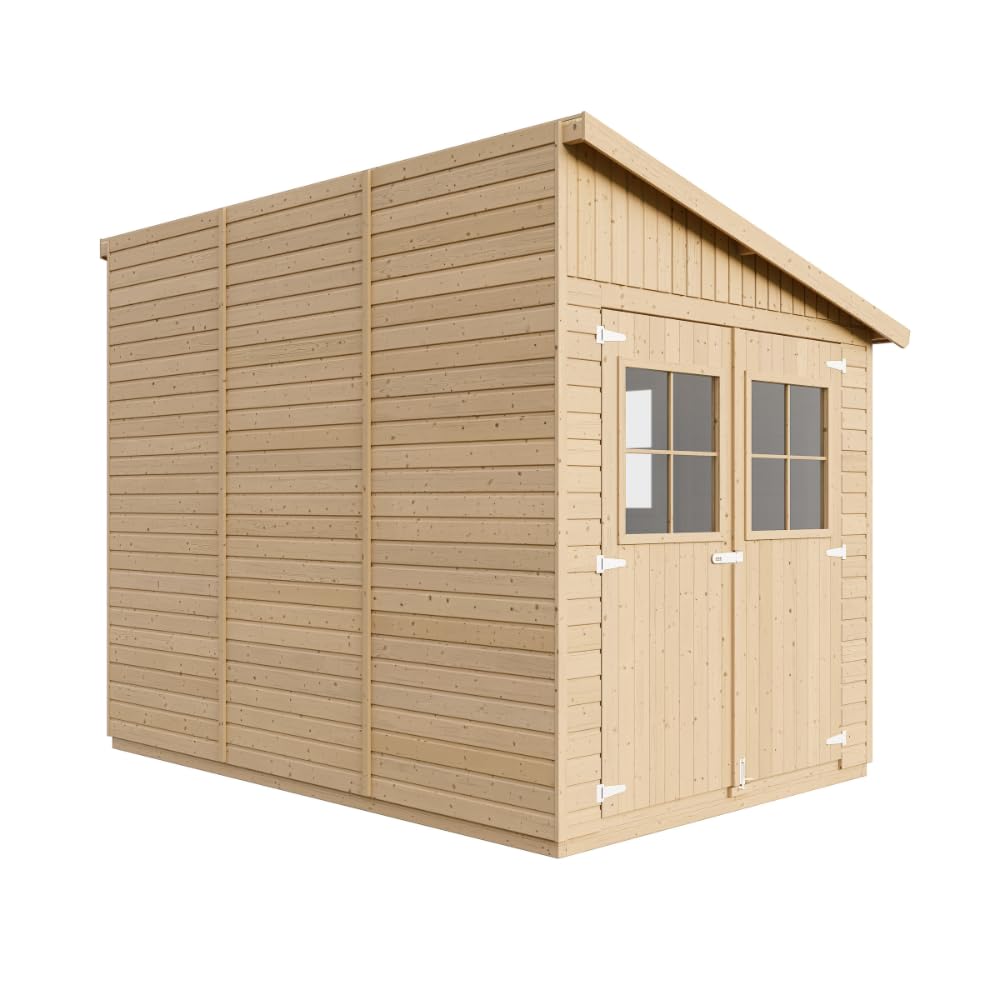 Abri de Jardin en Bois Naturel(avec paroi latérale) avec Les PLANCHERS IMPRÉGNÉ- Stockage extérieur avec fenêtres- H244x218x318 cm/6 m2 - Atelier Rangement Outils et vélos- TIMBELA M339A+M339G