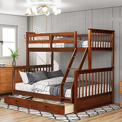Harper & Bright Designs Bunk Bed with Drawers, Twin Over Full Bunk Bed, Solid Wood Bunks Bed Frame with Ladders & 2 Storage Drawers (Walnut, Twin Over Full with Drawers)