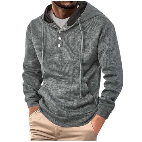 Hoodie Men Fall Textured Half Button Long Sleeve Hooded Pullover Casual Oversized Drawstring Hoodies with Pockets - Main Image