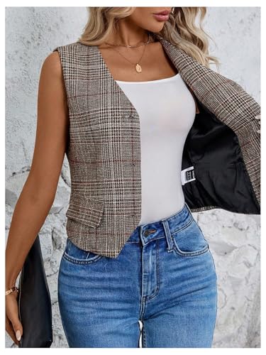 Milumia Women's Plaid V Neck Vest Single Breasted Sleeveless Work Blazer Jacket2