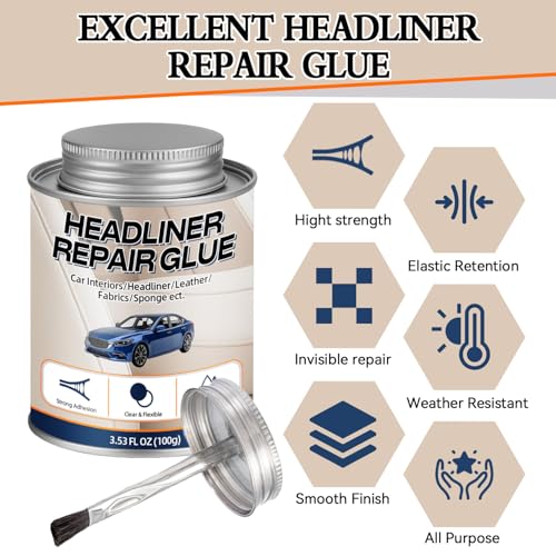Car Headliner Glue 3.53OZ, Strong Automotive Upholstery Adhesive with Brush, Transparent Repair, Suitable for Fabric and Leather