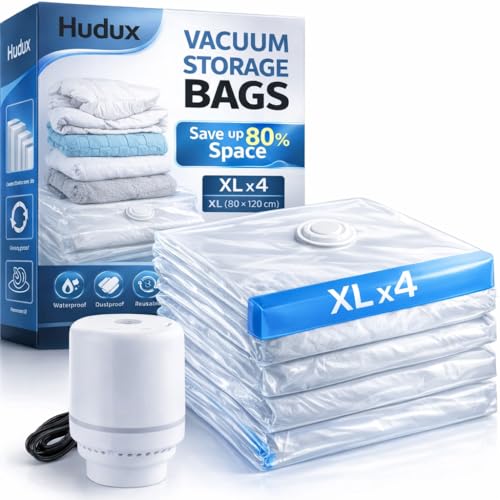 Image of Pack Of 4 XL 80 X 120 CM Vacuum Storage Compression Ziplock Bags With Electric Pump for Clothes, Blankets, Pillows, Bedding, Comforters - Airtight Reusable Packing Bags,Vacuum Bags