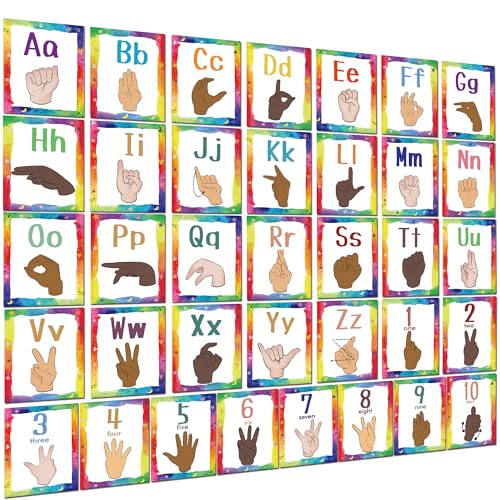 Sign Language Bulletin Board Letters - 36 ASL Alphabet Learning ABC Alphabet Poster Classroom Decor Cards Set Kindergarten/Primary School Classroom Wall Decor Daycare/Homeschool Supplies (Colorful)