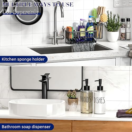 Image of MASADI Kitchen Sink Caddy with Dish Soap Dispenser Set, 12OZ Glass Bottle, Hand and Dish Soap Dispenser Set, Non-Slip Silicone Pad, Brush Holder, Kitchen Sink Organizer Countertop (Black+Clear)