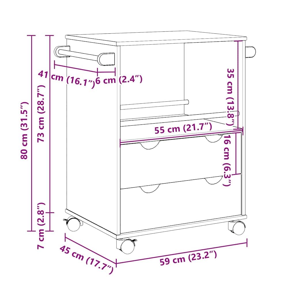 vidaXL Carrito de Cocina, Carro Organizador de Almacenamiento, Carrito de Servicio de Alimentos, Carro de Verduras Bebidas, Madera Maciza de Pino