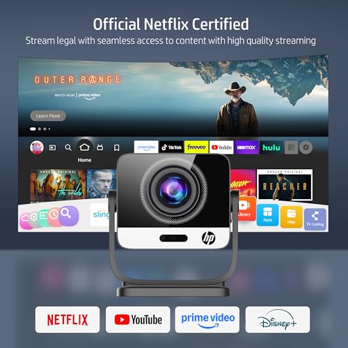 Image of HP MC475 Official Licensed App Native 1080P Full HD Mini Projector with WiFi & Bluetooth, Portable Projector 4K Support, Auto Focus, Short Throw Smart Movie Projector for Outdoor & Bedroom