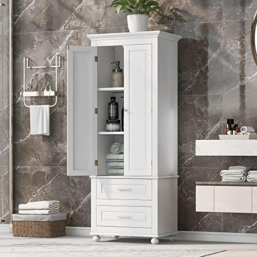 Merax, White Storage Cabinet with Doors and2 Drawers, Open Bookcase, Pantry Cupboard, Freestanding Organizer Display for Bathroom, Kitchen, Office