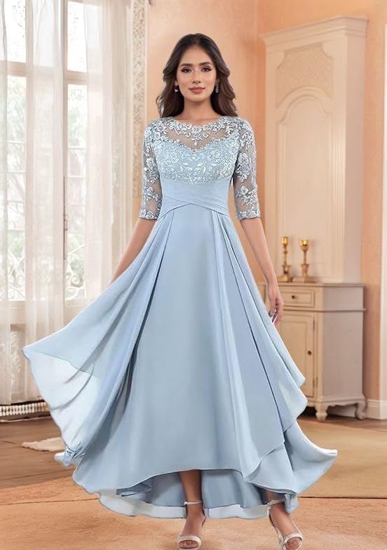 Lace Applique Mother of The Bride Dresses Ruffles Half Sleeve Formal Dress A-Line Long Chiffon Evening Party Gown4