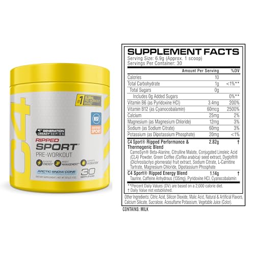 Image of Cellucor C4 Ripped Sport Pre Workout Powder Arctic Snow Cone - NSF Certified for Sport + Sugar Free Preworkout Energy Supplement for Men & Women - 135mg Caffeine + Weight Loss - 30 Servings