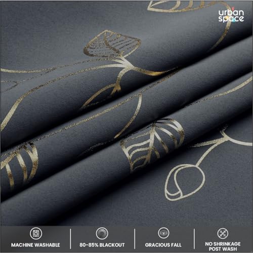 Image of Urban Space 80-85% True Blackout Curtains for Window, Gold Foil Printed Blackout Curtains, Blackout Decorative Window Curtain Eyelet with Tieback, 1 Piece Curtain for Living Room(Leaf Grey, 5 Feet)