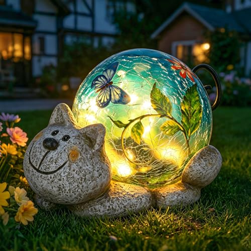 Afirst Solar Garden Statues Outdoor Figurines - Cat Lawn Ornament with Solar Lights Cracked Glass...