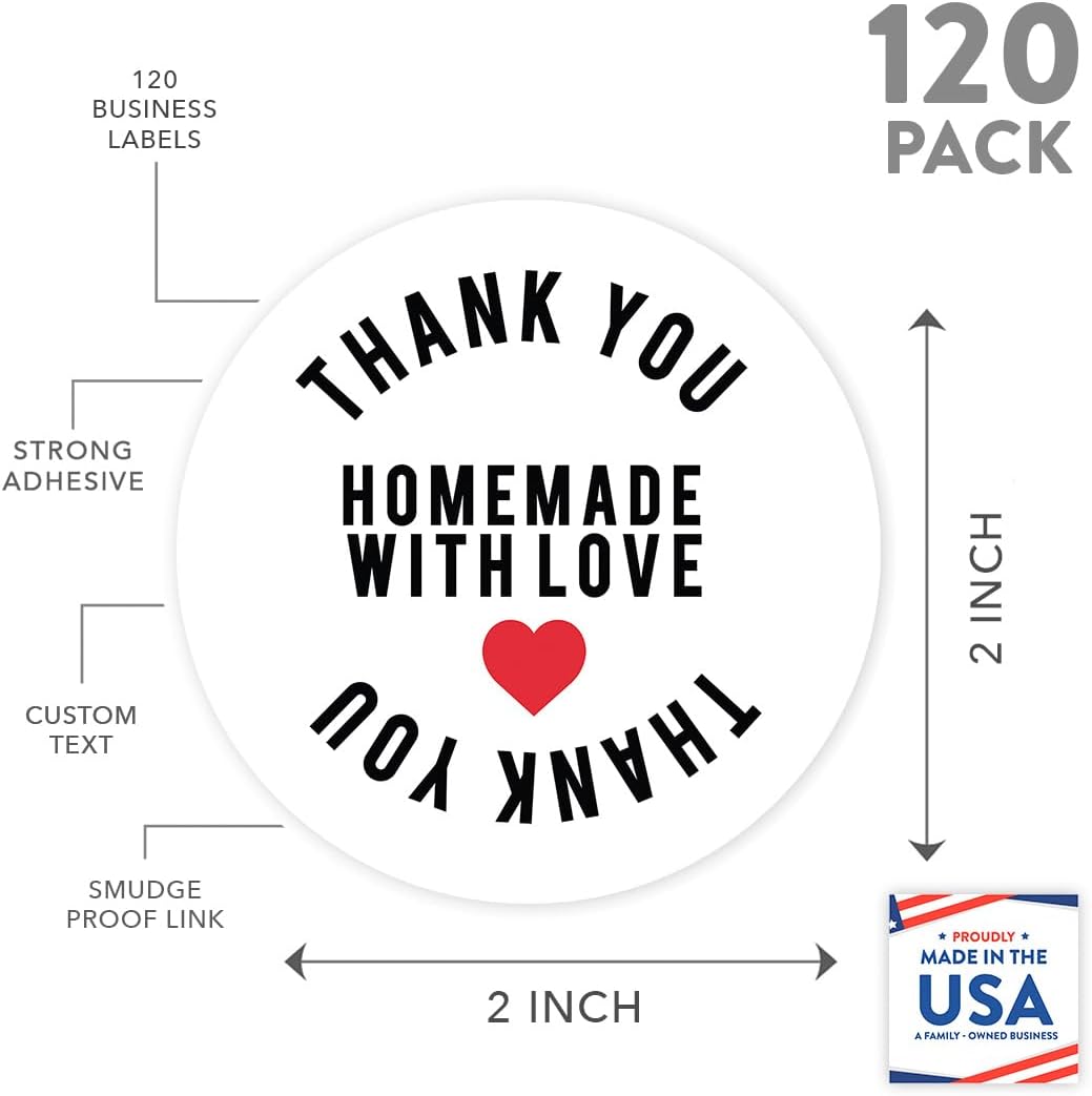Andaz Press Round Small Business Sticker Labels, 120-Pack, Thank You, Homemade with Love, Handmade Stickers for Packaging, Product Labels for Small Business, Business Thank You Stickers