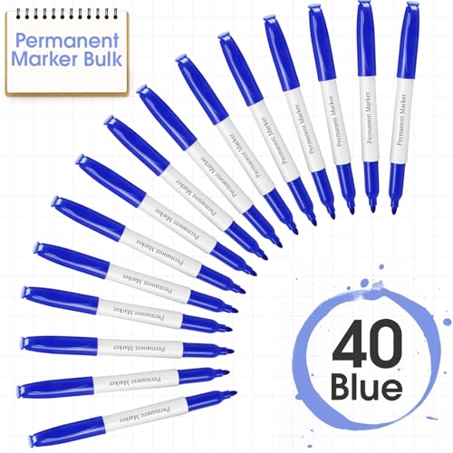 Image of Ctosree 40 Pack Blue Permanent Markers Bulk Permanent Marker Set Fine Point Pens Works on Plastic, Wood, Stone, Metal and Glass Office School Supplies