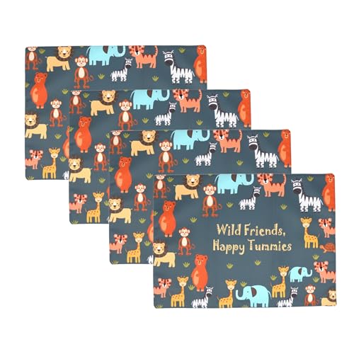 Image of Kids Cloth Table Mats Set of 4 - Wild Animal Jungle Safari Theme,Digital Print, Washable, Indoor /Outdoor, Heat-Proof, Water Resistant,Wipe & Clean (47X33 cm) Forest Green