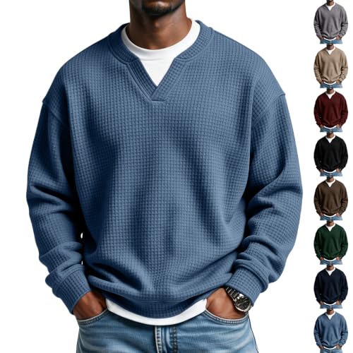 Waffle Shirts for Men Long Sleeve V Neck Fake 2 Piece Casual Layered Shirt - image 1