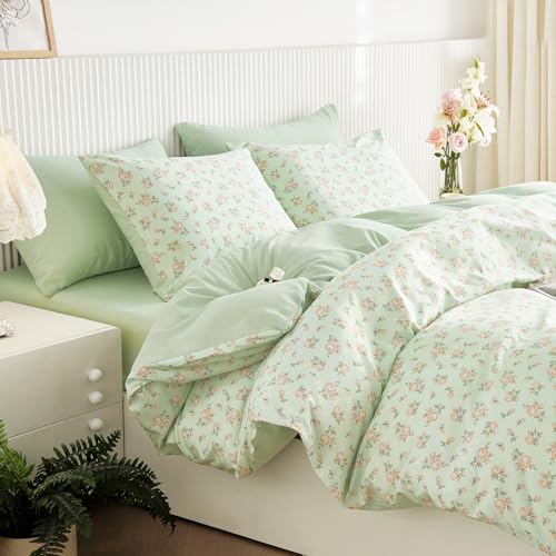 Image of Wake In Cloud - Floral Comforter Set, Coquette Cottagecore Aesthetic Flower Shabby Chic Pattern for Women Teen Girls, Soft Lightweight Bedding, 3 Pieces, Green Pink, Twin /Twin XL Size