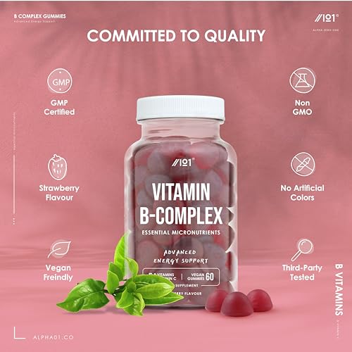 Vitamin B Complex Gummies - 5 Essential B Vitamins & Vitamin C - 60 Vegan Gummies - Strawberry Flavour - by Alpha01 - Image 3