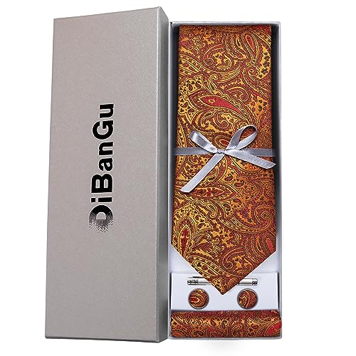 Image of DiBanGu Paisley Ties for Men Silk Necktie and Pocket Square Cufflinks Tie Clip Set Woven Classic Mens Tie for Wedding Party