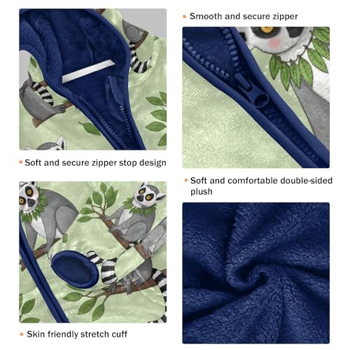 Cute Lemur Pattern on Green Toddler Fleece Jacket Girl Boys Hooded Fleece Jacket Coat Warm Outwear Zip-up 3-10T3