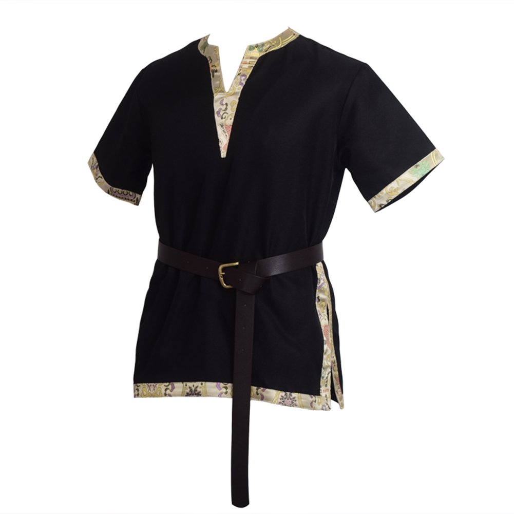 BLESSUME Medieval Viking Tunic with Belt LARP Aristocrat Chevalier Cosplay Costume (L, Black)