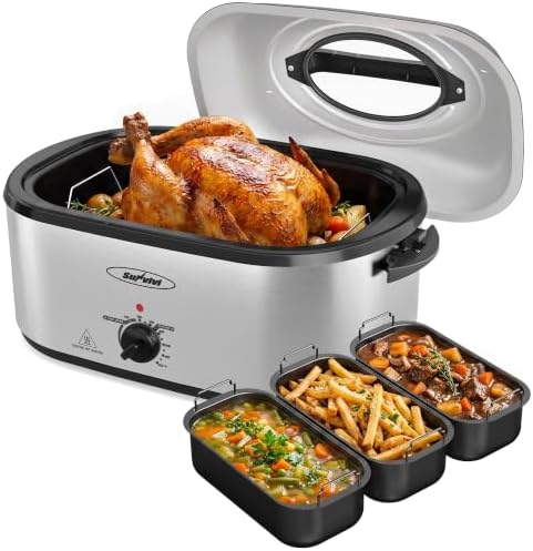 Royalcraft 24 QT Electric Roaster Oven with 3 Compartments, Self-Basting Lid, Dark Blue - 1
