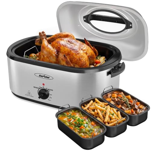Royalcraft 24 QT Electric Roaster Oven with 3 Compartments, Self-Basting Lid, Dark Blue