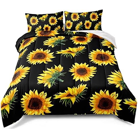 BDUCOK Black Sunflower Comforter Set Yellow Flowers Bedding Set Sunflower Pattern Decor Comforter Botanical Floral Print Microfiber for Girls Teens Kids Bedding Full Set 1 Comforter 2 Pillow case Cover