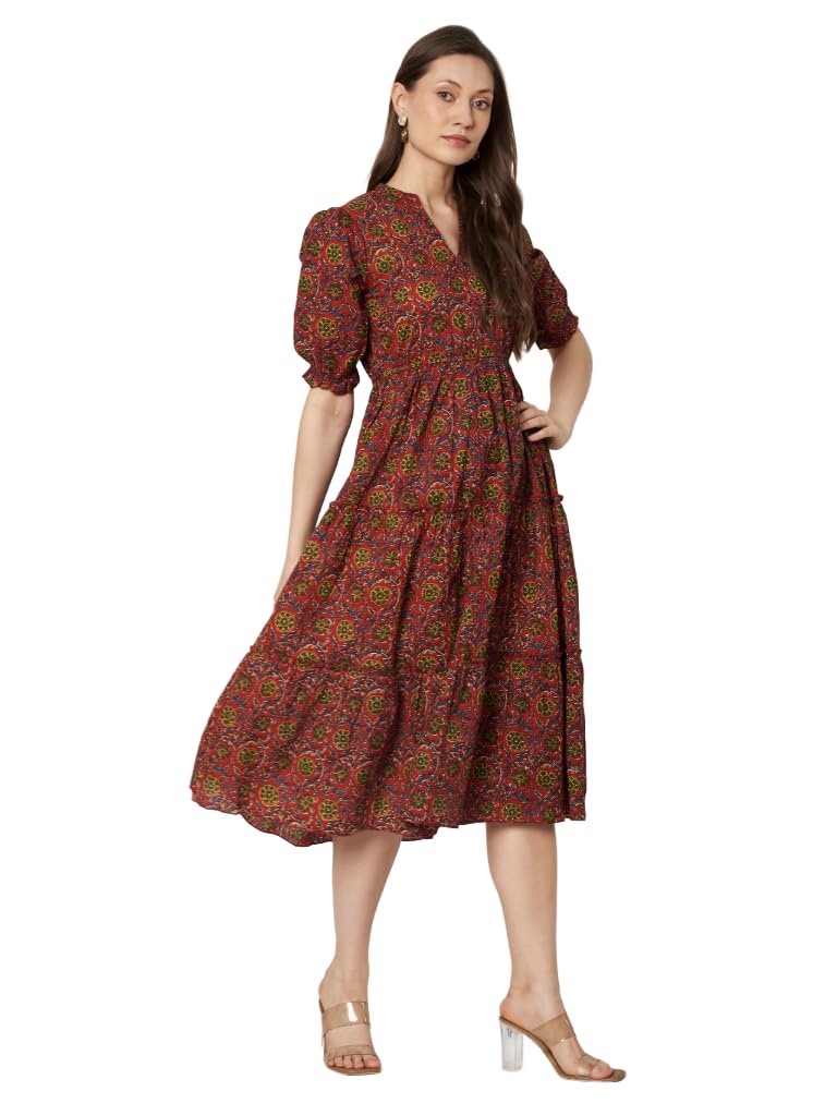 Women's Floral Summer Maxi Dress I Cotton Printed I One Piece Bodycon Midi Dress with V-Neck, Puffed Sleeves-picture-26
