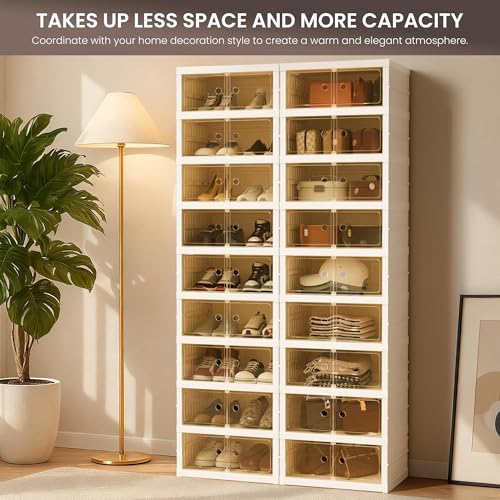 Image of Foldable Shoe Organizer Storage Box Set of 6, Portable Extra Large Folding Shoe Rack for Closet, Shoe Storage Box with Magnetic Transparent Door and Wheels, 9 Layers 18 Grids