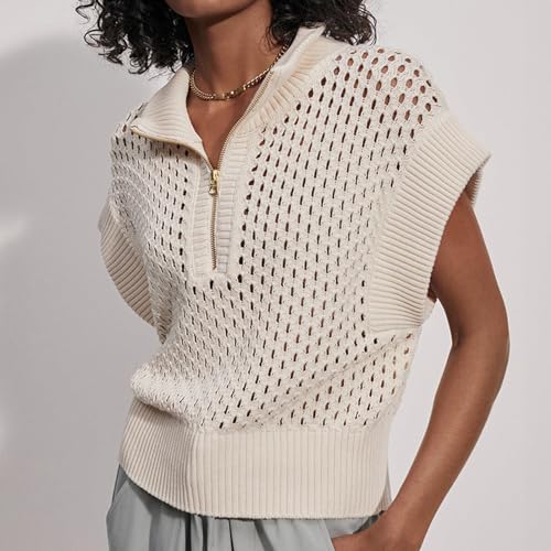 YEMOCILE Womens Half Zip Hollow Out Sweater Vest Sleeveless Summer Casual Knit Pullover V Neck Collar Knitted Loose Sweater2