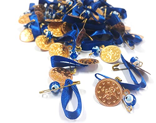 Perlin 100 Stück, Nazar Boncuk, Blaues Auge, Evil Eye mit emaillierte Metall Münzperlen Tugra, Sicherheitsnadel und Kordel, Böser Blick Glücksbringer zum Verschenken Hochzeit (Blau)
