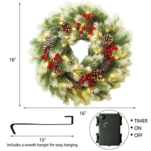 Juegoal 16 Inch Pre-Lit Christmas Wreath With Metal Hanger, Light Up Mountain Fir Pine Needle Wreath With Warm White 40 Led Lights, Indoor/Outdoor, Front Door Spruce Lighted Wreath X-Max Decorations #TOP3