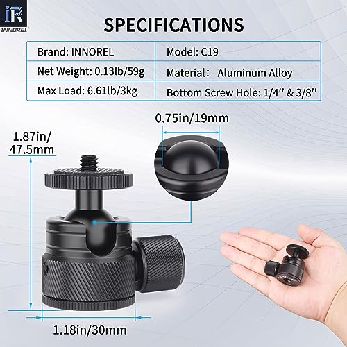 Image of Innorel Mini Ball Head- C19 Mount Tripod Head-Cnc Metal Low Profile Ballhead 360 Pan 90 Tilt Tripods Mount With 3 8 inch To 1 4 inch Adapter Ballheads, Max Load 6.61 Lb 3Kg For Phone Dlsr Camera Mini