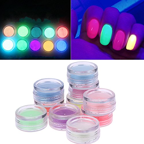 Jocestyle 10 Colors Luminescent Fluorescence Nail Art Tip Powder DIY Glow In Dark Nail Decorations Kit
