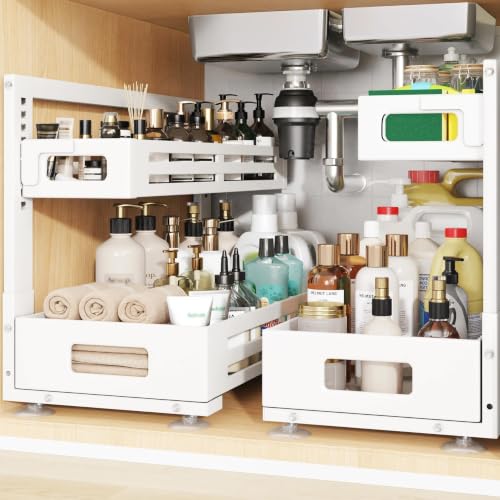Image of 2 Pack 21IN-Depth Under Sink Organizer,Pull Out Cabinet Organizer With Smooth Cylindrical Rail,Metal Slide Out Drawer for Kitchen Bathroom Laundry,8-Level Tool Free Height Adjustable-White