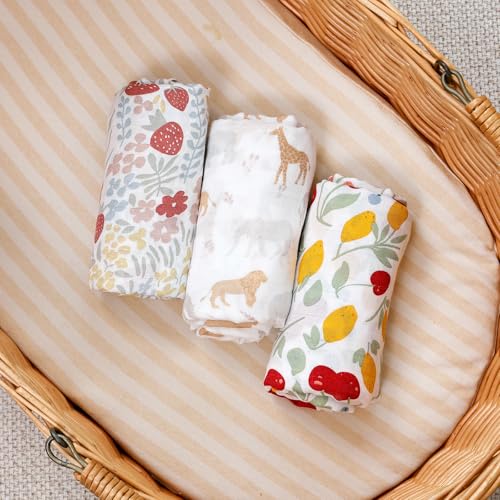 Image of Muslin Swaddle Blankets for Baby Boys and Girls,3 Pack Breathable Soft Receiving Blanket,Large 43.3X 43.3 inches,Newborn Essentials Must Haves(Floral and Animal)