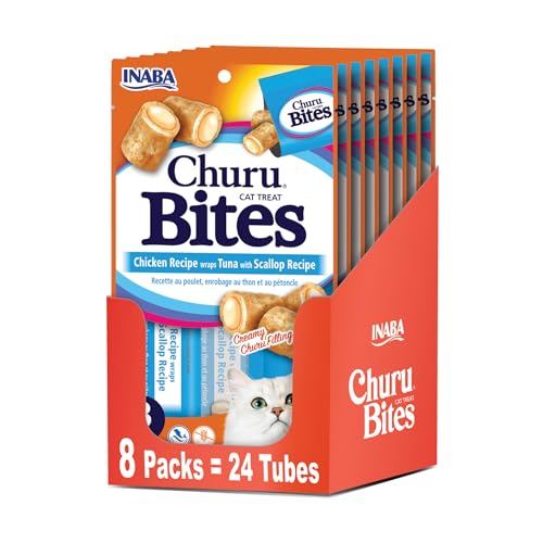 Image of INABA Churu Bites for Cats, Soft /Chewy Baked Chicken Wrapped Churu Filled Cat Treats with Vitamin E, 0.35 Ounces per Tube, 24 Tubes Total (3 Tubes per Pack), Tuna with Scallop Recipe
