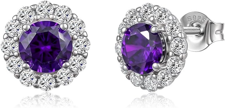 Birthstone Stud Earrings for Women, 18K White Gold Plated Halo Studs Pave CZ Earring Hypoallergenic, 925 Silver Personalized Birthday Jewelry Mother's Day Gift for Wife Girlfriend Mom Daughter
