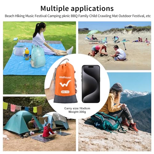 wellhouse Sandproof Beach Blanket,Camping Mat Waterproof Picnic Blankets with Floating Waterproof Phone Pouch Washable Rug for Travel Hiking Music Grass BBQ (Orange) - image 5