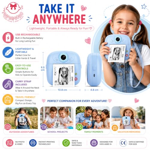 Image of Kids Thermal Print Camera | Instant Photo Printing Camera with 2 Paper Rolls, Color Pens & Rechargeable Battery | Fun Creative Gift for Boys & Girls (Multicolour)