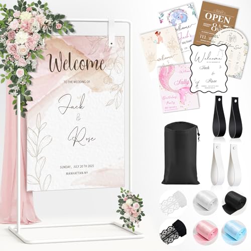 Catálogo de Caballetes con asiento favoritos de las personas. 42 Fayavoo - Soporte de letrero de bienvenida para boda, bienvenido a nuestro soporte para carteles y tablas de asientos, soporte de caballete de metal negro con diseño y correas...