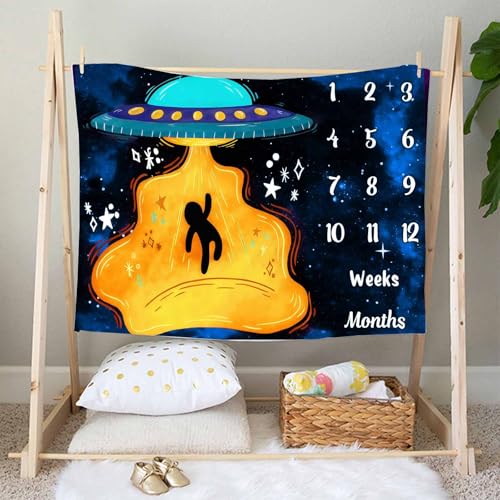Image of UFO Baby Monthly Milestone Blanket, Spaceship Print, Blue, 48x40in | Soft Flannel, Alien Pattern, Starry Night Whimsical Design, Newborn Mom Gifts, Baby Shower Age Growth Tracker