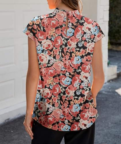 Image of Funlingo Womens Summer Tops Mock Neck Short Cap Sleeve Blouses Business Casual Work Chiffon Shirts Front Pleated Tunic Top