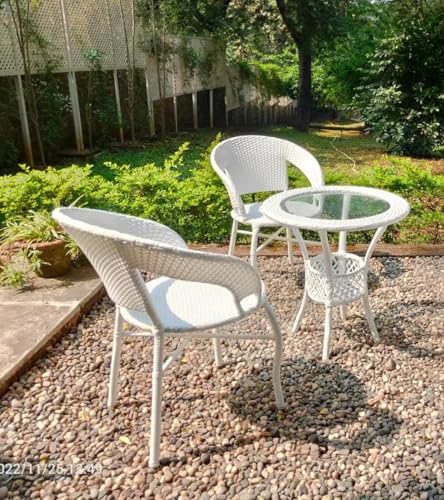 Image of PRATHAM India 2+1 Outdoor Indoor Patio Set Bistro Set Rattan Chair Patio Set Lawn Balcony Hall Outdoor Garden D 12 Chair Table Set (White)