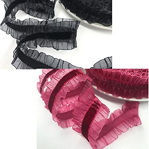 Ruban en dentelle, 1,8 m (environ 1,8 m) 2,5 cm ruban élastique en organza à volants ruban de velours ruban extensible pour vêtements, artisanat, couture, patchwork (bleu) (café)