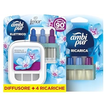 Ambi Pur 3Volution Profumatore per Ambienti, Diffurore Elettrico e 4 Ricariche, Fragranza Risveglio Primaverile, tecnologia Elimina Odori, Fino a 90 Giorni di Profumo per Ricarica