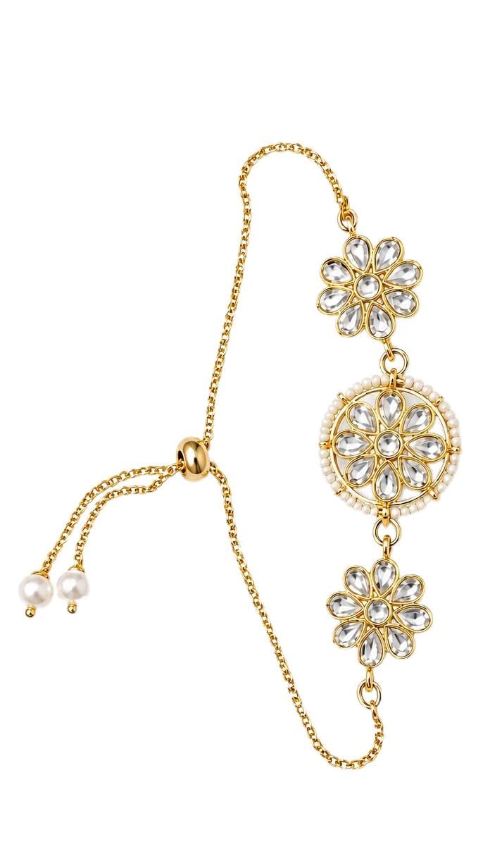 Gold Plated White Kundan Studded Round Shape Adjustable Bracelet-image-36