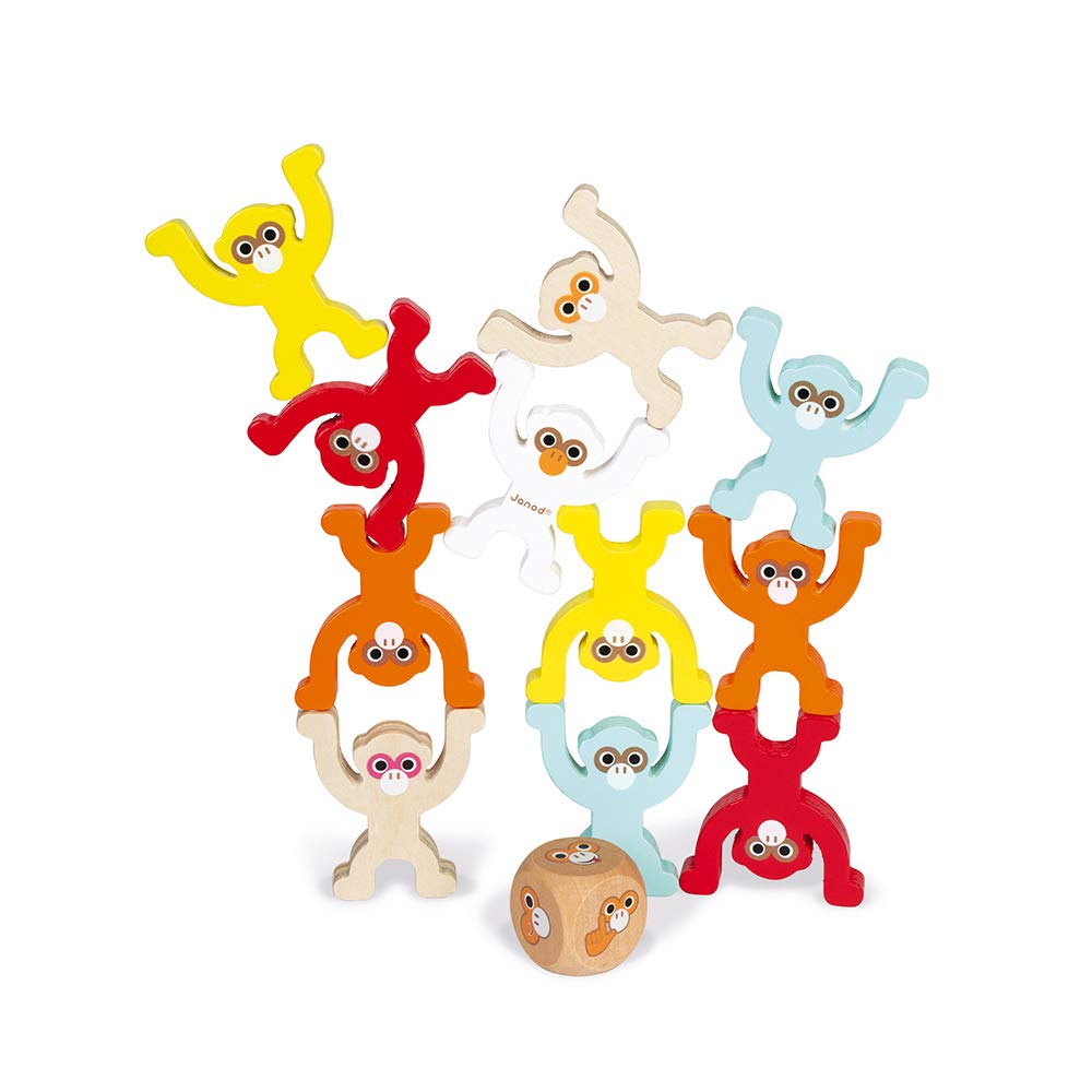 Janod - Monkey Pyramid - Juego de Mesa Infantil de Madera - Juego de Habilidad - Pintura al Agua - Certificado FSC - A Partir de 3 Años, J02633