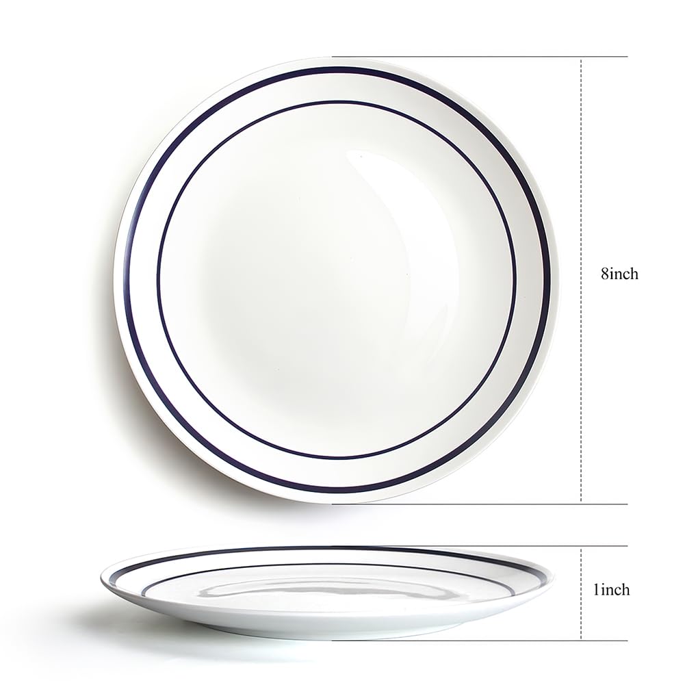 YFWOOD Lot de 6 assiettes plates en céramique de 26,7 cm - Résistantes aux rayures - Résistantes aux rayures - Double ligne blanche et bleue